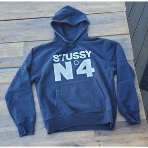 Women's Stussy No 4 Size M Hoodie Blue Sweatshirt Pullover Heavy Cotton